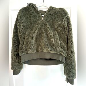 Dark Olive Sherpa Hoodie Half Zip Pullover